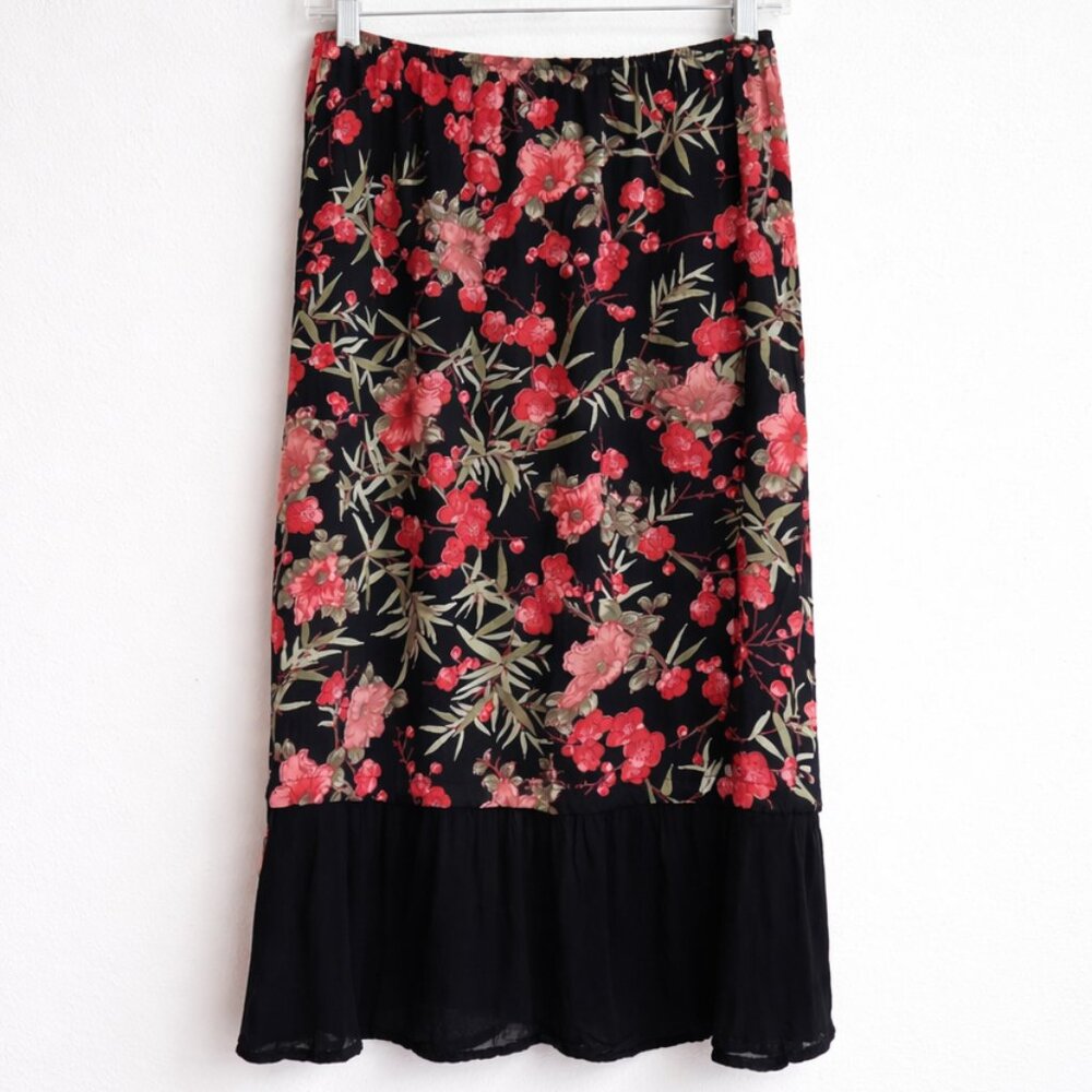 Vintage 90s Y2K Zoe California Black Floral Rayon Crepe Pull-On Skirt